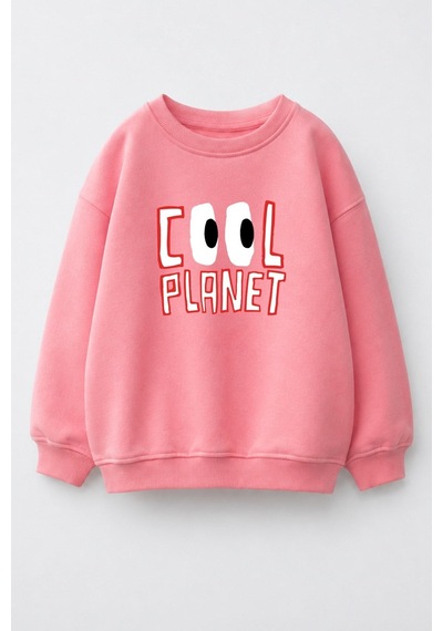 Monila Unisex Çocuk 3 İplik Kumaş Slogan Baskılı Pamuklu Sweatshirt Pembe