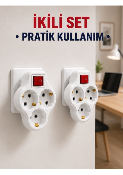 Kablosuz 3 Lü Priz Çoklayıcı Açma Kapama Anahtarlı Duvar Tipi 2 Adet Set 0
