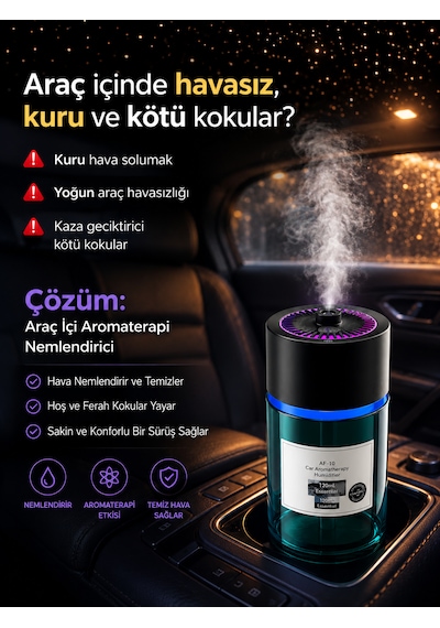 Araç İçi Hava Nemlendirici 120ml Yıldız Tavan Efektli Sessiz 300mah Şarjlı Araba Kokusu