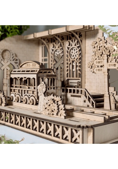 Japanese Tram Station Diorama Ahşap Maket Seti Japon Tramvay İstasyonu Peri Led'li Dıy Model