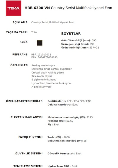 Teka HRB 6300 VN Ankastre Multifonksiyonel Zamanlayıcılı Country Fırın 111010012