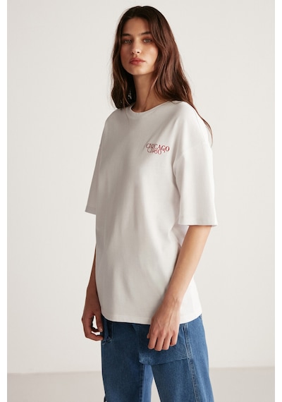 Grımelange Janna Kadın Şehir Temalı Ön Ve Arka Baskı Detaylı Oversize Fit Bisiklet Yaka Beyaz / Kırmızı T-shirt
