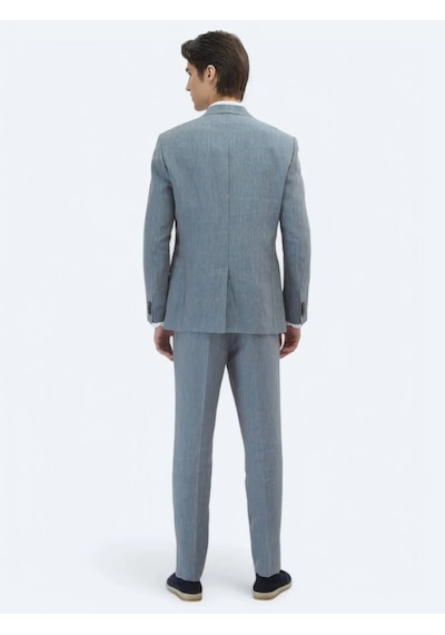 Kip Koyu Mavi Çizgili Modern Fit %100 Keten Takım Elbise Koyu Mavi