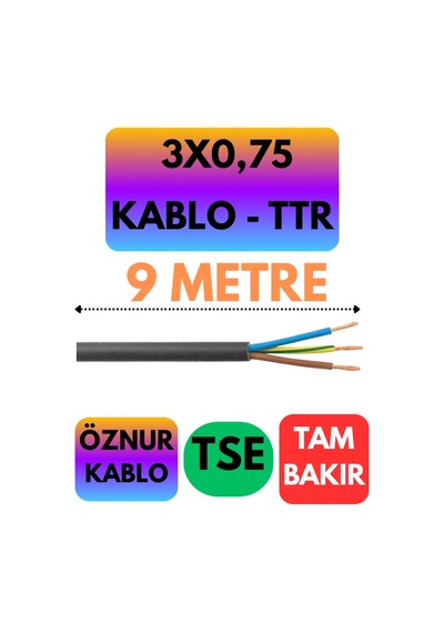 Öznur 3x0,75 Ttr Kablo Siyah Metre Seçenekli - 9 Metre