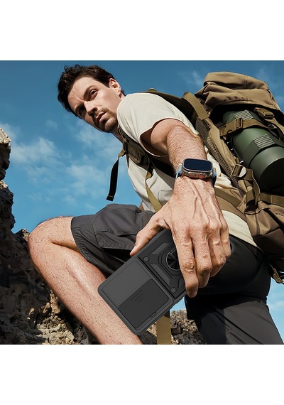 Xiaomi Redmi 15 Kılıf Magnetik Standlı Kamera Korumalı Zore Sürgülü Vega Kapak Siyah