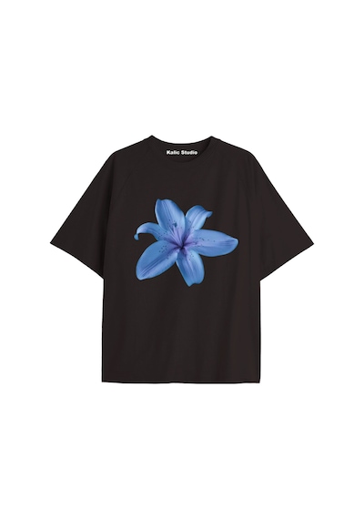 Kalic Studio Kadın Çiçek Özel Baskılı Renkli Oversize Penye Pamuklu Bisiklet Yaka T-shirt Siyah-16