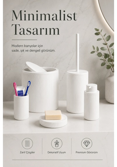 5 Parça Beyaz Banyo Seti Diş Fırçalık Çöp Kovası Sabunluk Sıvı Sabunluk Tuvalet Fırçası