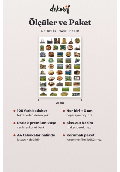 Muş Sticker Seti 100 Adet - Murat Köprüsü Laleler Yöresel Yemekler Gerçekçi Ajanda Journal Çıkartma Çok Renkli