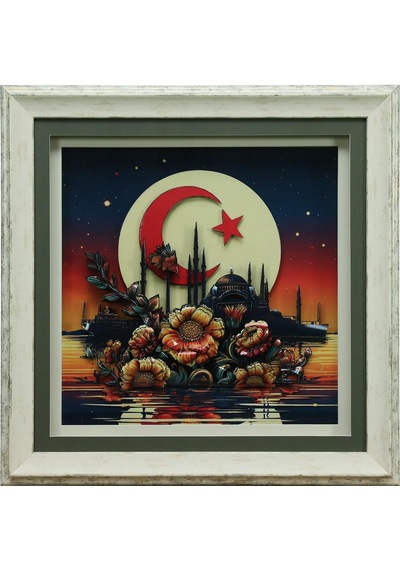 E38 El İşçiliği Ay Yıldız Kağıt Rölyef Tablo 66x66 Cm - 6334