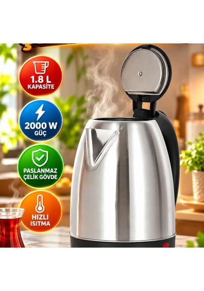 Paslanmaz Çelik Kettle 1.8 L 2000 W Su Isıtıcı Inox