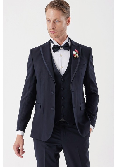 İmza Koyu Lacivert Desenli Armürlü Çıkarılabilir Mono Yaka Yelekli 6 Drop Slim Fit Smokin Damatlık Takım 1001230202-Koyu Lacivert İmza Koyu Lacivert Desenli Armürlü Çıkarılabilir Mono Yaka Yelekli 6 Drop Slim Fit Smokin Damatlık Takım 1001230202-Koyu Lacivert