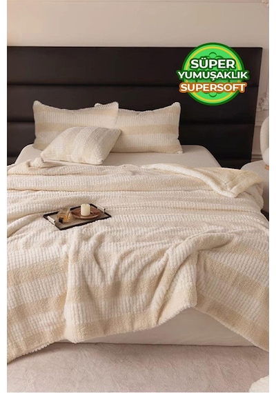 Evlen Home Çift Taraflı Kişilik Kürk Yorgan Dolgulu Peluş Yumuşak Wellsoft Yatak Örtüsü 3 Parça Set Aura Krem