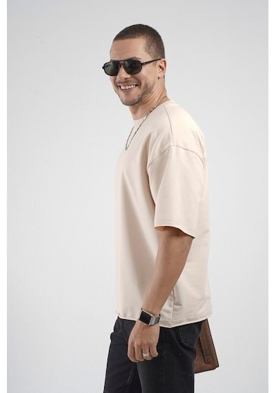 Oversize Kalıp Likralı Basic Tişört Bej