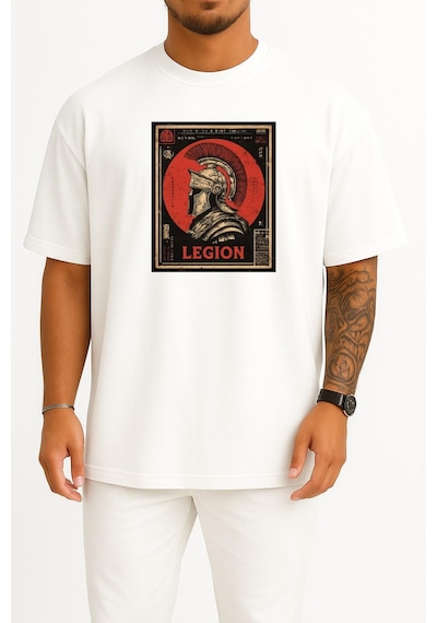 Bahriyeli Collection Oversize Roma Lejyoner Göğüs Baskılı Unisex T-shirt Beyaz