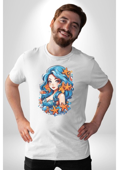 Deniz Kızı Deniz Yıldızı Mavi Saçlı Unisex Unisex Beyaz Organik Baskılı T-shirt Penye Yüksek Kalite Beyaz