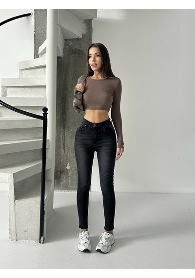 Kadın Bıyık İşlemli Kot Dar Paça Jeans Füme