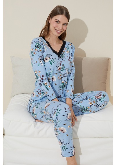 Siyah İnci Pamuklu Örme Pijama Takım 24240105 mavi