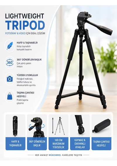 140 Cm Profesyonel Telefon Kamera Tutucu Çantalı Tripod 360 Döner Başlıklı Hafif Taşınabilir Siyah