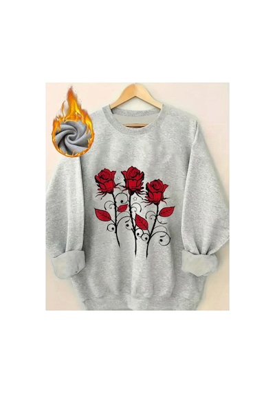 Herkesemoda Güller Baskı Detaylı Bisiklet Yaka Sweatshirt Gri