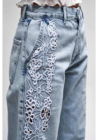 Itsbasic Kadın Snow Kot Rengi 3s5-3 Dantel Nakışlı Loose Fit Orta Bel İç Boy 83 Cm Tasarım Denim Jean