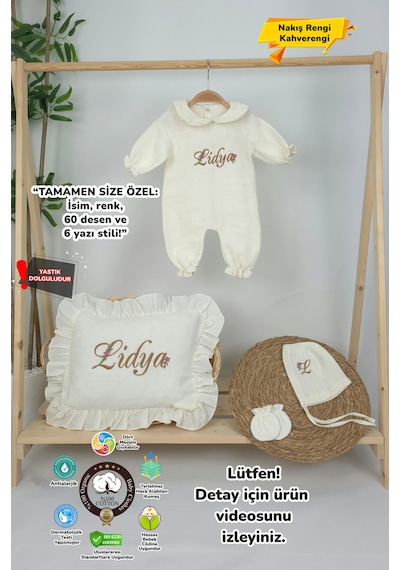 Gros Shop Müslin Yeni Doğan 4katlı Organik %100pamuk Kişiye Özgü Nakışlı Hastane Çıkış Seti Papatya Model-9 Ekru-1