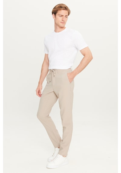 AC&Co / Altınyıldız Classics Erkek Bej Slim Fit Dar Kesim Beli Bağlamalı Çizgili Yan Cepli Casual Jogger Pantolon Bej