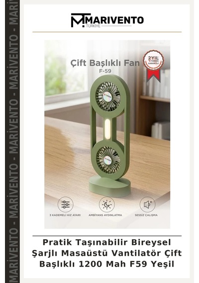 Pratik Taşınabilir Bireysel Şarjlı Masaüstü Vantilatör Çift Başlıklı 1200 Mah F59 Yeşil