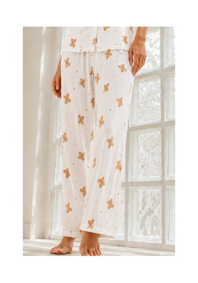 Fit Women Kadın Genç Loose İpliği Boyalı Kırık Beyaz Pijama Takımı