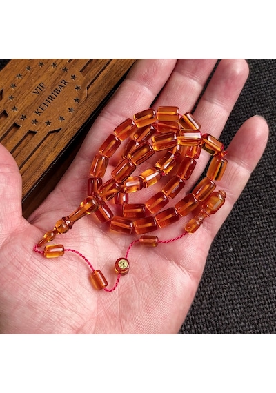 İmzalı 7X11 mm Altın Ateşi Kehribar Tesbih Usta İşçilikli