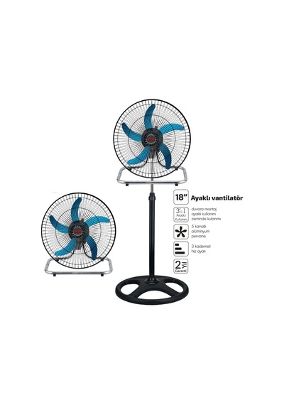 Özel Üretim 80w Güçlü 3in1 Profesyonel Sanayi Tipi Ayaklı Vantilatör 5 Metal Kanatlı 18 İnç 46 Cm