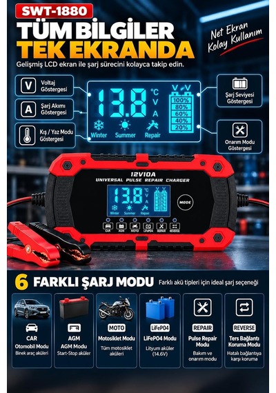 Tr Akıllı Dijital Akü Şarj Cihazı 12v 10a, 2ah-200ah Akü Uyumlu, Lcd Ekranlı, Pulse Repair, Kış Yaz Modu, Agm L