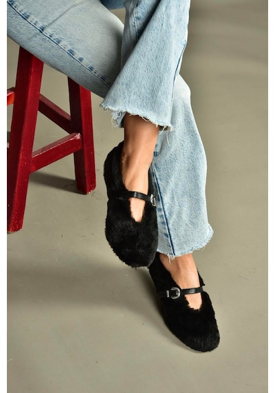 Fox Shoes V820105504 Siyah Peluş Günlük Düz Kadın Babet Siyah