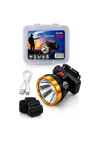 Goldkama Gk-985 Şarj Edilebilir 30w Yüksek Güçlü Led Kafa Lambası Uzun Menzilli, Güçlü Aydınlatma Ve Uzun Süreli Kullanım Siyah