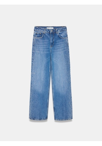 Dilvin 72365 Lyocell Karışımlı Taşlı Wide Leg Jean-mavi