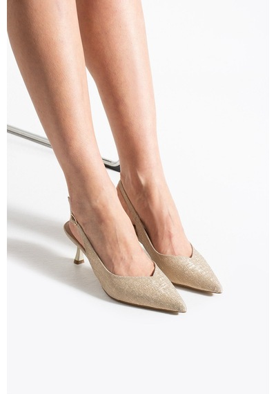 Dabab Shoes Aurelıa Kadın Bej Sivri Burun Slingback 6 Cm İnce Topuk Parlak Simli Abiye Ayakkabı
