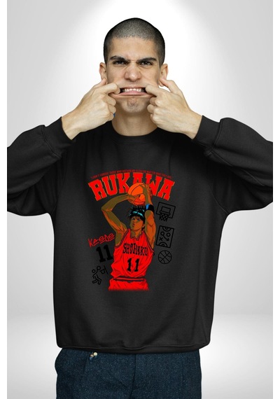 Rukawa Kaede Anime Basketbol Karakteri Unisex Siyah Sweatshirt Siyah