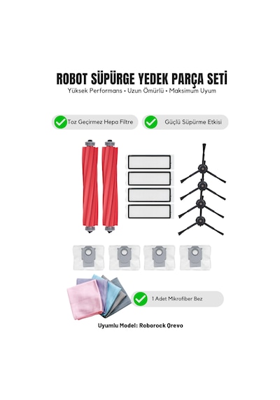 Roborock Qrevo İle Uyumlu 2 Ana Fırça 4 Siyah Yan Fırça 4 Filtre 4 Toz Torbası 1 Temizlik Bezi 16.0