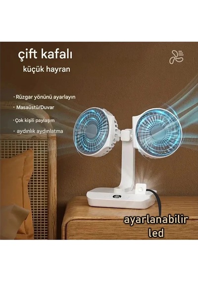 Nm-store Masaüstü Dijital Ekranlı Çift Fanlı Led Işıklı Soğutucu Fan Ev Ofis Şarjlı Vantilatör
