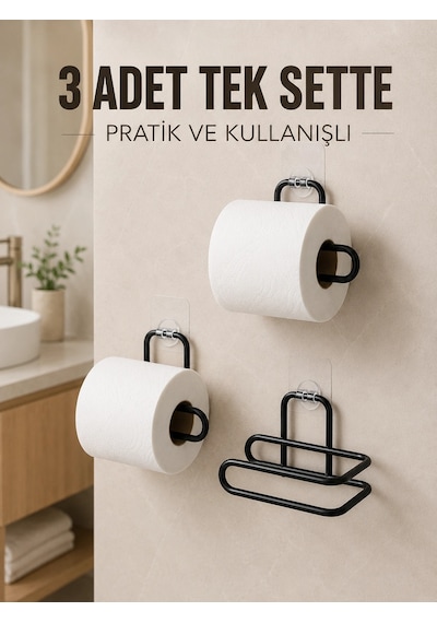 3 Adet Siyah Rulo Kağıt Tutucu Yapışkanlı Duvar Tipi Pratik Kağıtlık Seti Renkli