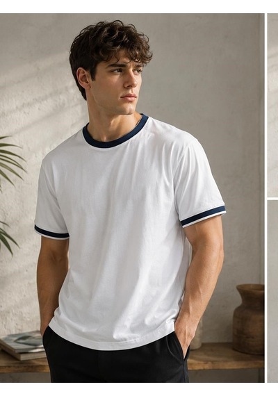 Ribana Erkek Kısa Kollu Bisiklet Yaka Şerit Detaylı Düz Renk T-shirt 4224 Beyaz