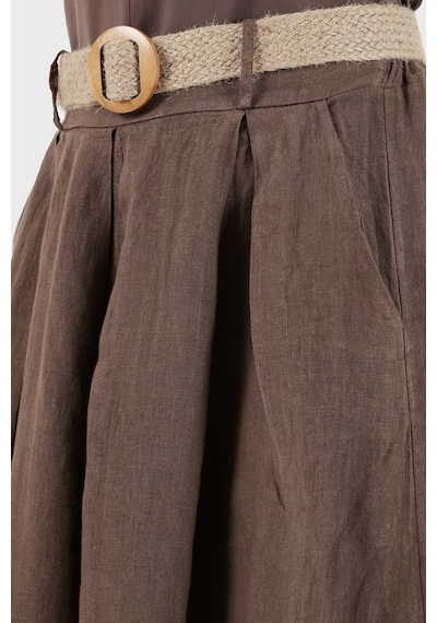 Via Dante Relaxed Fit Yüksek Bel Bol Paça Keten Pantolon Bayan Pantolon 7544 Kahve