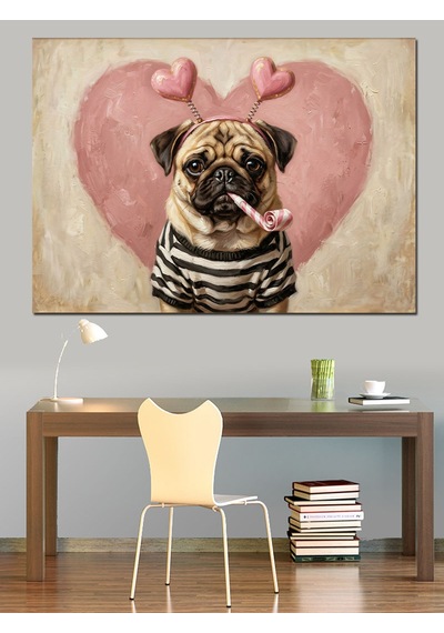 Kalp Balonlu Sevimli Pug Köpeği Dekoratif Kanvas - Mdf Ahşap Tablo