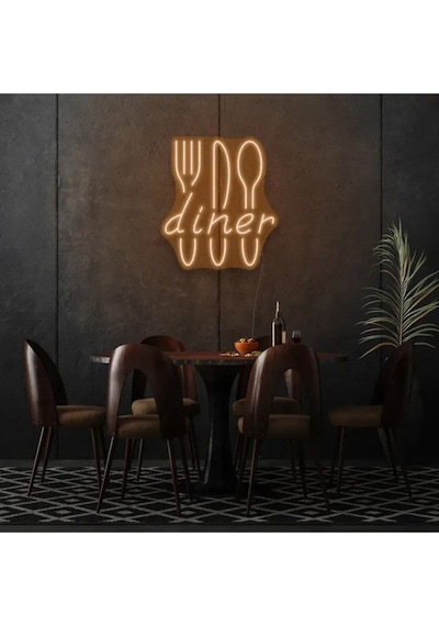 Restoranlara Özel Diner Yazılı Çatal,bıçak,kaşık Şekilli Neon Tabela Turuncu