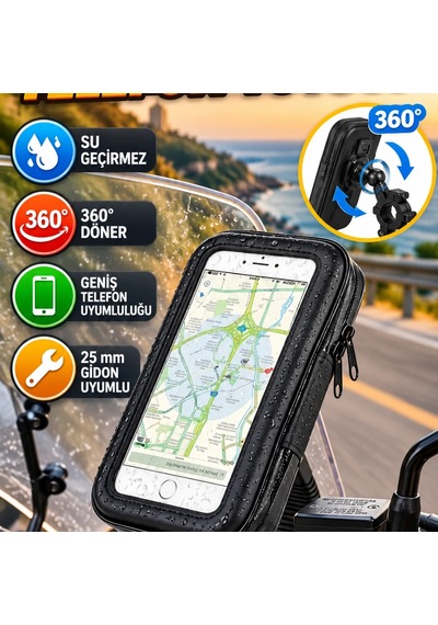 Su Geçirmez 360 Döner Motosiklet Ve Bisiklet Telefon Tutucu 25 Mm Gidon Uyumlu