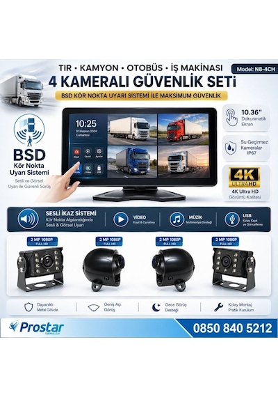 Tır Ve Kamyon 10.36&quot Dokunmatik 4 Kameralı 256 Gb Destekli Kör Nokta Uyarı Sistemli Kamera Seti