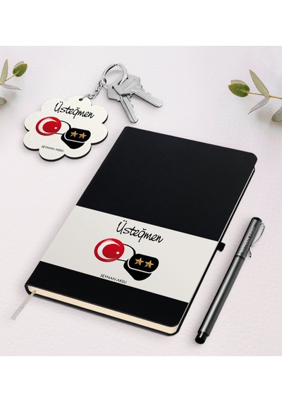 Kişiye Özel Üsteğmen Siyah Defter Kalem Ve Anahtarlık Seti