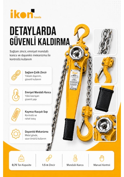 0.75 Ton 1.5 M Hubzug Zincirli Çektirme Manuel Kaldırma Caraskal Mandallı Kanca