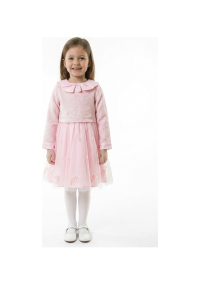 Xo Kids Bebe Yakalı Çiçek İşlemeli Tüllü Fiyonklu Kız Çocuk Elbise 3-8 Yaş 4423 Açık Pembe