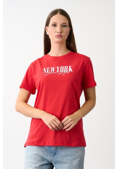 Alexandergardi Oversize Geniş Kalıp Bisiklet Yaka Baskılı T-shirt Kırmızı