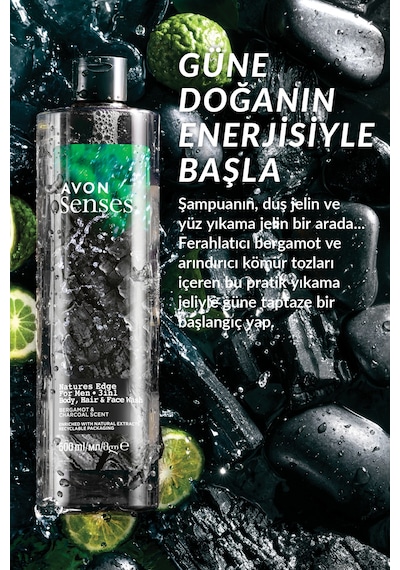 Avon Senses Natures Edge Erkekler İçin Saç Vücut Ve Yüz Yıkama 3 x 500 ML